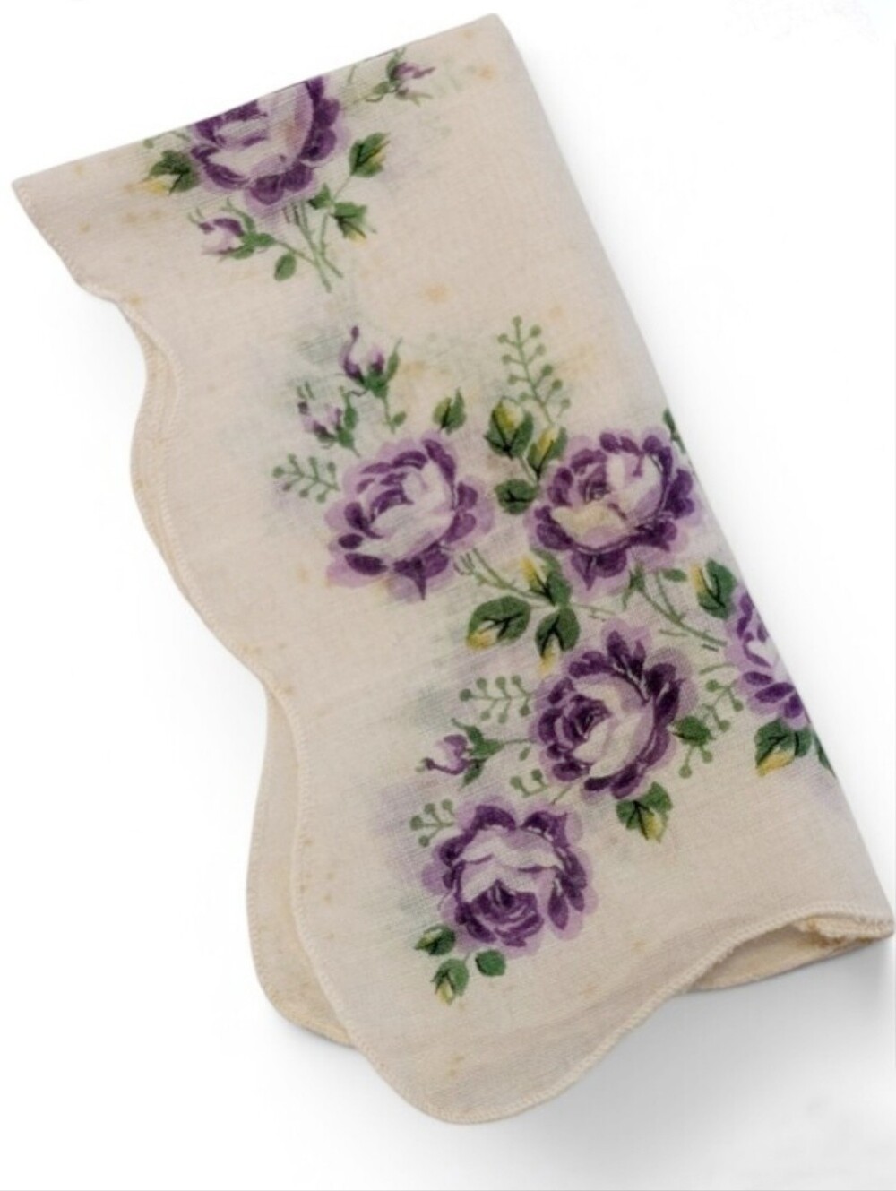 VINTAGE Floral Scalloped Handkerchief Purple Roses Cream Cotton